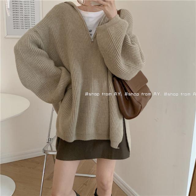 Billlnai Design Sense Niche Half Zipper Foreign Style Sweater Women Winter 2023 New Loose Outer Wear Mid-Length Coat Jacket