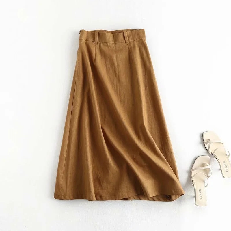 Christmas Gift Withered england office lady indie folk simple linen high waist A-line midi skirt women faldas mujer moda 2020long skirts womens