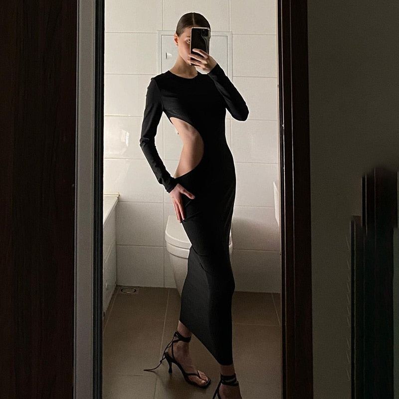 Cryptographic Sexy Black Cut Out Round Neck Long Dress Women Elegant Long Sleeve Club Party 2023 Autumn Dresses Skinny Clothes