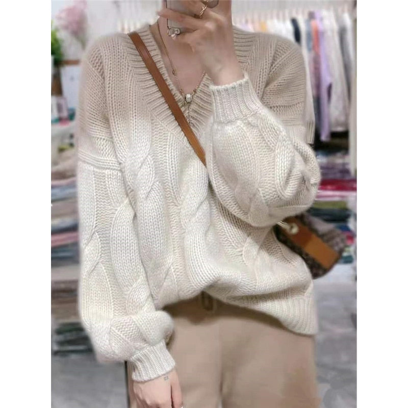2023 soft and thick cashmere sweater women autumn and Winter Bubble Sleeve v neck loose lazy wind wool knitted sweater foundatio