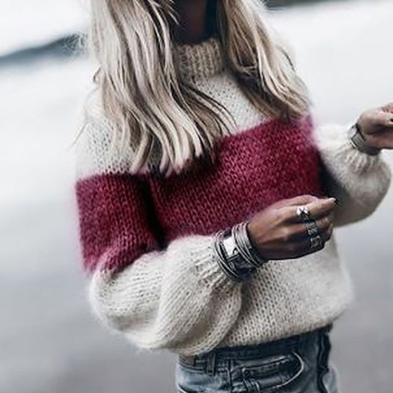 Billlnai  2023  High Quality Fluffy Sweaters for Women  Winter Thick Warm Striped Knitted Sweater Long Sleeve Mohair Pullovers Jumper Female