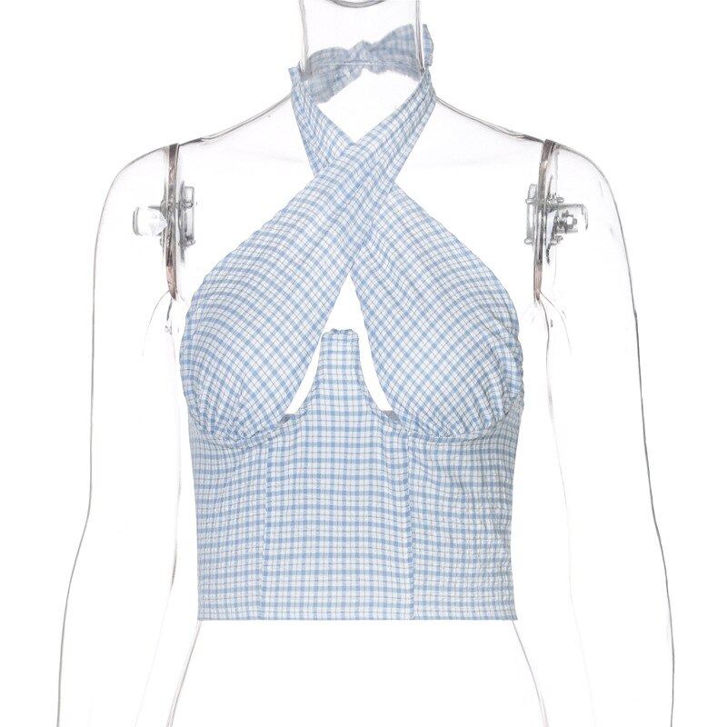 Cryptographic Fashion Plaid Cross Halter Sexy Cut-Out Crop Tops Women Sexy Backless Cropped Feminino Top Summer 2023 Streetwear