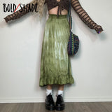 Bold Shade Tie Dye Printed Ruffles Midi Skirt Green Fairy Core Aesthetic Y2K Indie Women Skirts Aline Autumn Slim Clothes 2023