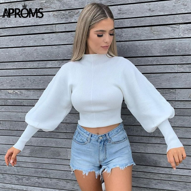 Aproms High Collar Lantern Sleeve Knitted Pullovers Sweaters Women Winter Street Fashion Soft White Sweater Office Jumpers 2023