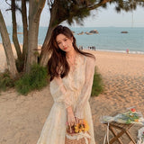 Billlnai  2023  V-neck Elegant Sweet Dress Women Long Sleeve Chiffon Floral Dress Party Beach Dress for Females Korean Style Summer Chic