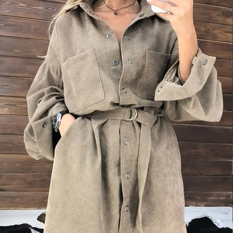 Women Casual Puff Sleeve Fashion Mini Dress Front Buttons Pockets Loose Women DressSolid Color Turn Down Collar Autumn New Dress