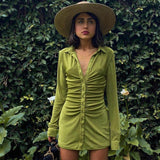 Cryptographic Turn-Down Collar Green Women Shirt Dresses Club Party Long Sleeve Button Mini Dress Holiday 2023 Spring Streetwear