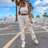 Crop Top Women Outfit Spring Tracksuit Sets Sleeveless Tank Top Drawstring Pocket Pants Set Streetwear Casual Lady Trouser Suits