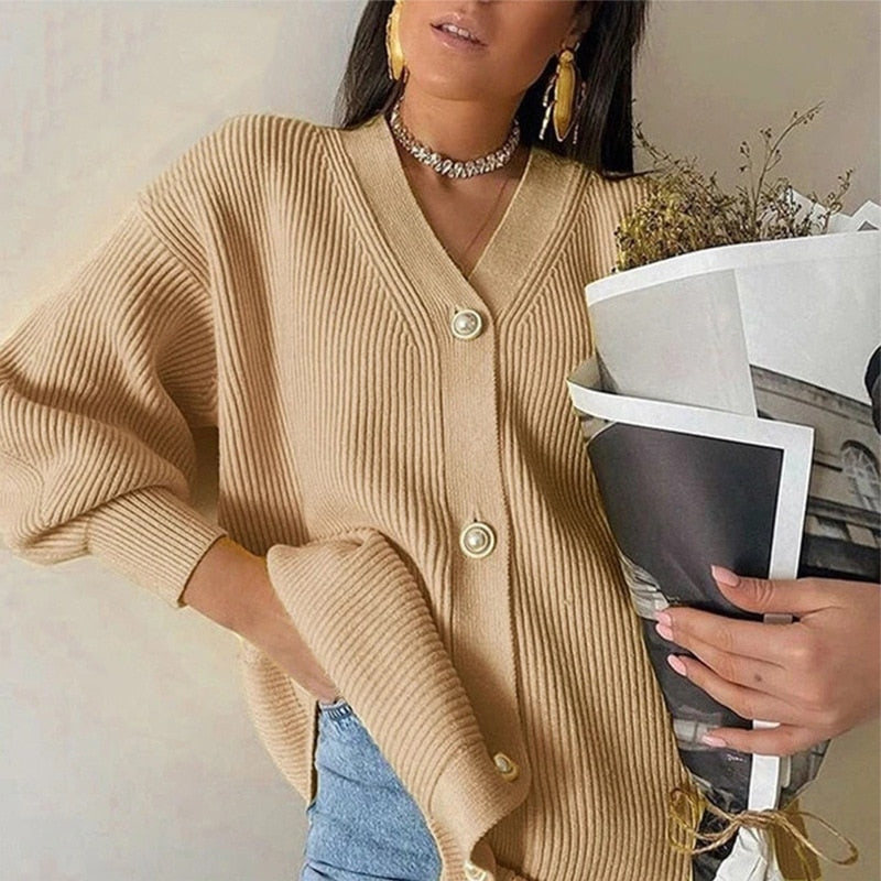 Billlnai  2023 Graduation party  Casual V-Neck Single Breasted Sweater Woman Lantern Sleeve Pearl Button Solid Oversized Cardigan 2023 New Fashion