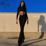 INWOMAN Women Sexy High Waist Bodycon Bell Bottom Pants Black Lace Up 2023 Flare Pants Female Party Skinny Wide Leg Pants Ladies