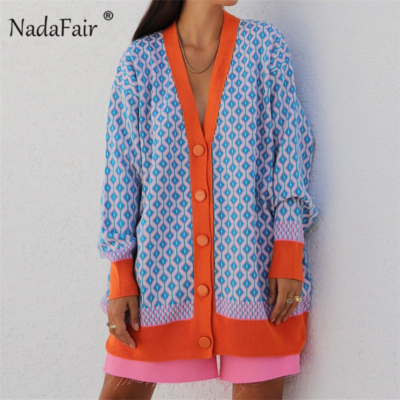 Christmas Gift Nadafair 2023 Autumn Winter Overised Cardigans Women Pattern Fashion Knitted Sweaters Button Casual Plus Size Cardigan Outwear