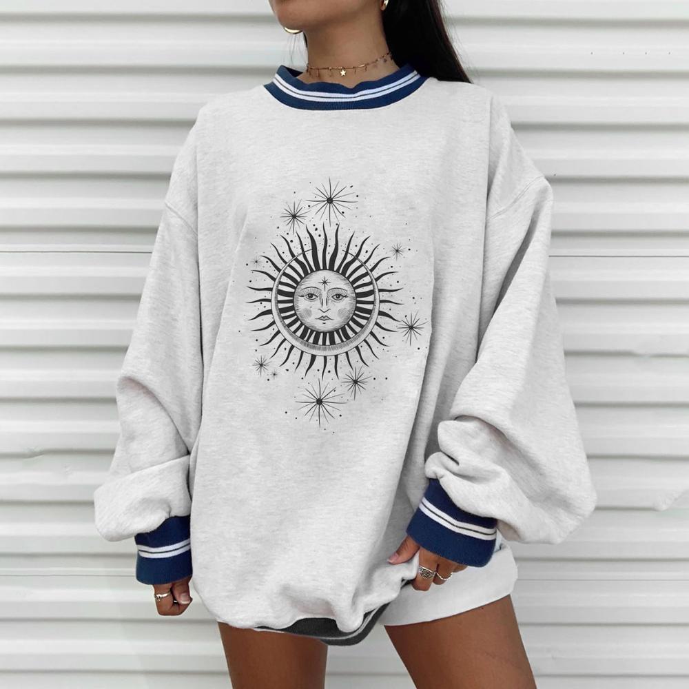 Plus Size Autumn Winter Sun Star Sweatershirts Womens Casual Loose Pullover Cute Youg Girls Hoodies Female Clothes Gray Oversize
