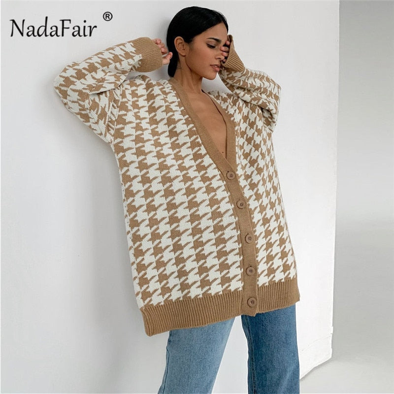 Christmas Gift Nadafair Houndstooth Winter Cardigans for Women 2023 Knitted Warm Vintage V-neck Sweater Autumn Loose Long Oversized Cardigans