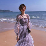 Billlnai  2023 Summer Lace Elegant Midi Dress Women Puff Sleeve Square Collar Boho Beach Floral Dress Female Party One Piece Dress Korean