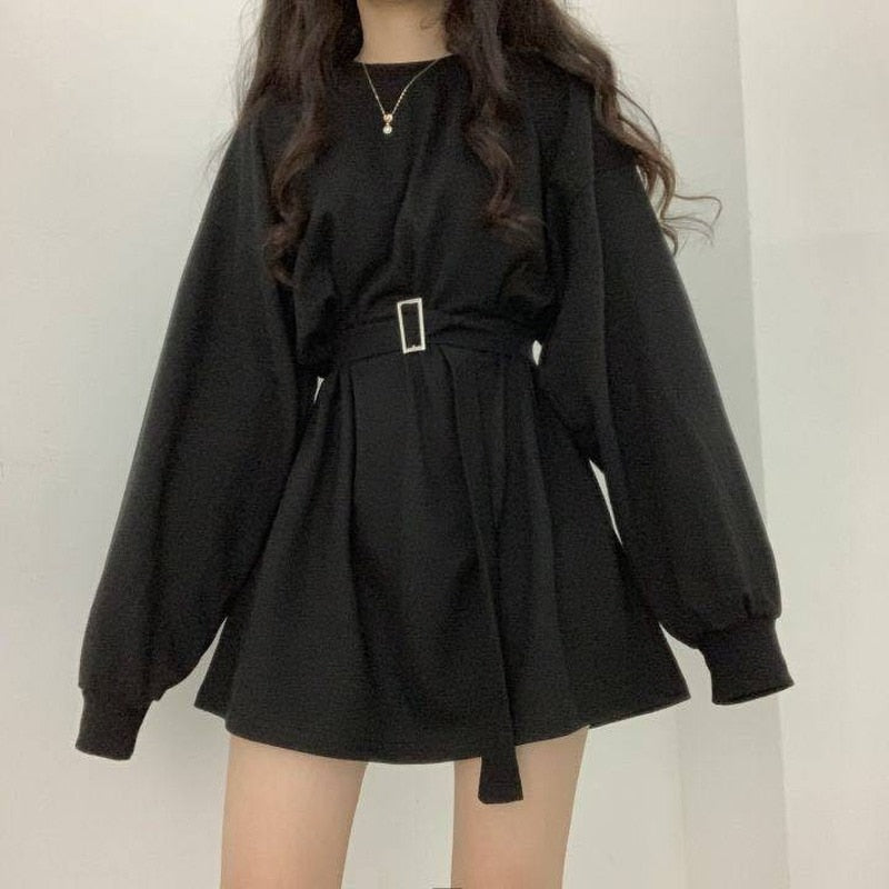 Billlnai Black Crewneck Sweatshirt Women Spring Autumn 2023 Korean Fashion Style Long Sleeve Loose Slim Gothic Goth Top Belt Street