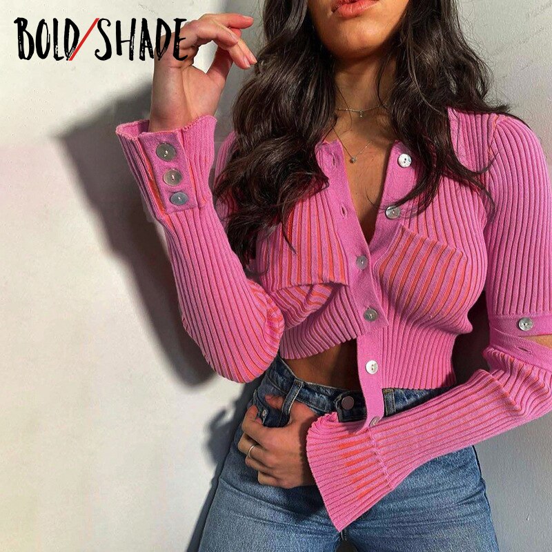 Bold Shade Streetwear 90s Fashion T-shirts Knit Button Up Long Sleeve Pink T Shirts Indie Aesthetic Y2K Bodycon Tops Autumn 2023