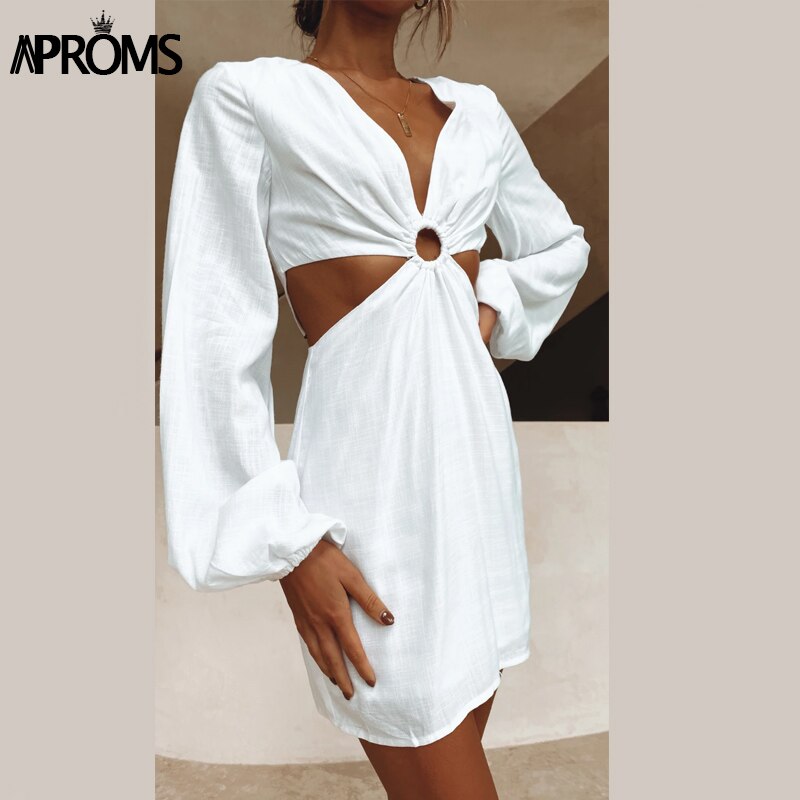 Aproms Elegant Deep V Cotton Mini Dress Women 2023 Casual Long Sleeve Cut-out Waist Summer Holiday Beach Fashion White Dresses