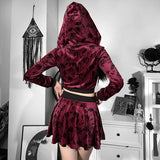 Roseric Gothic Velvet Two Piece Sets Women Floral Print Fashion Outfits Short Coat Hoodie A Line Skirt High Waist Burgundy Suits