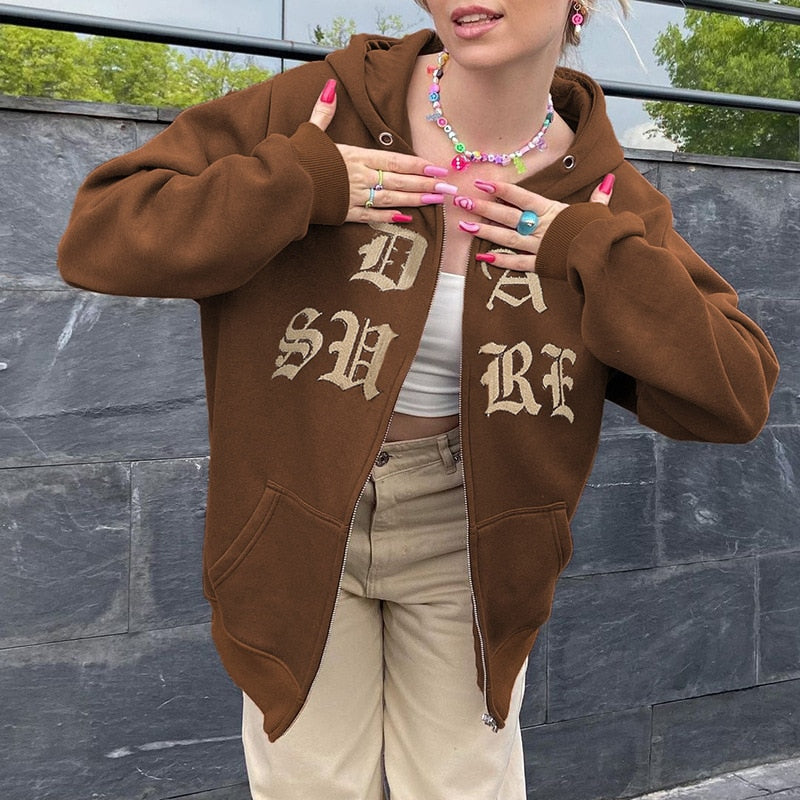 zip-up Women Korean Style hoodies Vintage Solid brown Long Sleeve Oversized Hooded Sweatshirt Y2K Lady Women Casual Large Coats