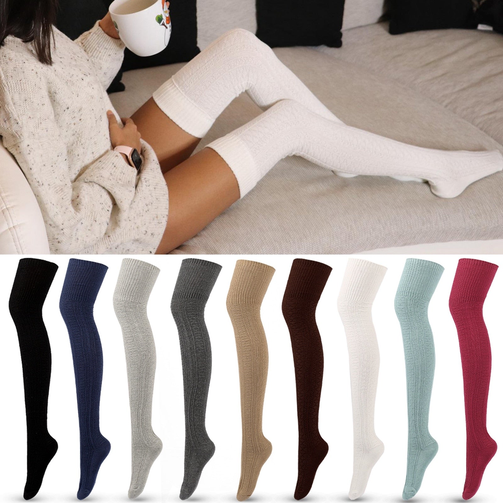 Billlnai  2023  New  Autumn Winter Solid Color Striped Long Stocking Women Warm Cotton Over The Knee Socks Sexy Thigh High Stockings 1 Pair