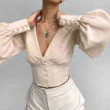 Satin Deep V-Neck Shirt Women Lantern Sleeve Button Tunic Crop Top Autumn Sexy Elegant Single Breasted Solid Blouse 2023 New