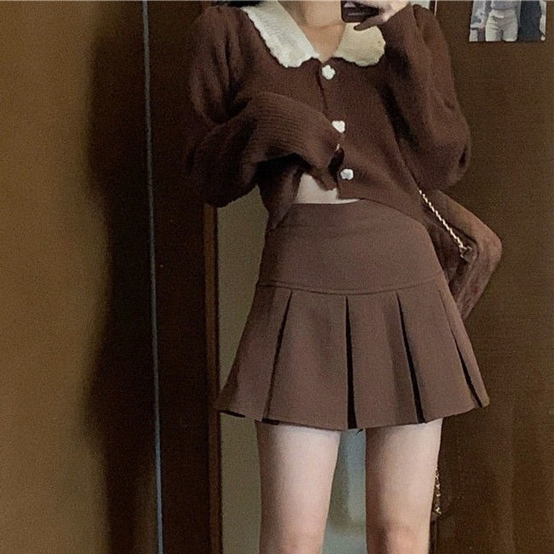 Billlnai Vintage Brown Pleated Skirt Women Autumn 2023 Korean Style Y2K High Waisted A-line Mini Skirts Preppy Style Girls Causal