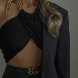 Cryptographic Summer Fashion Chic Halter Chain Crop Tops for Women Backless Cropped Feminino Black Wrap Top 2023 Streetwear