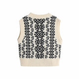 Billlnai Fashion Sweater Vest Geometry V Neck Knitted Pullover Jacquard Female Vintage Argyle Sweater Chic Tops