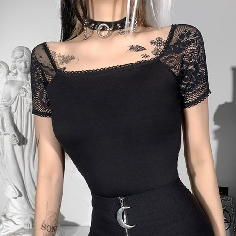 Gothic Sexy Black Tees Summer Short Sleeve Clothing Punk Square Neck Solid Slim Women Tops Casual Patchwork Lace T Shirt
