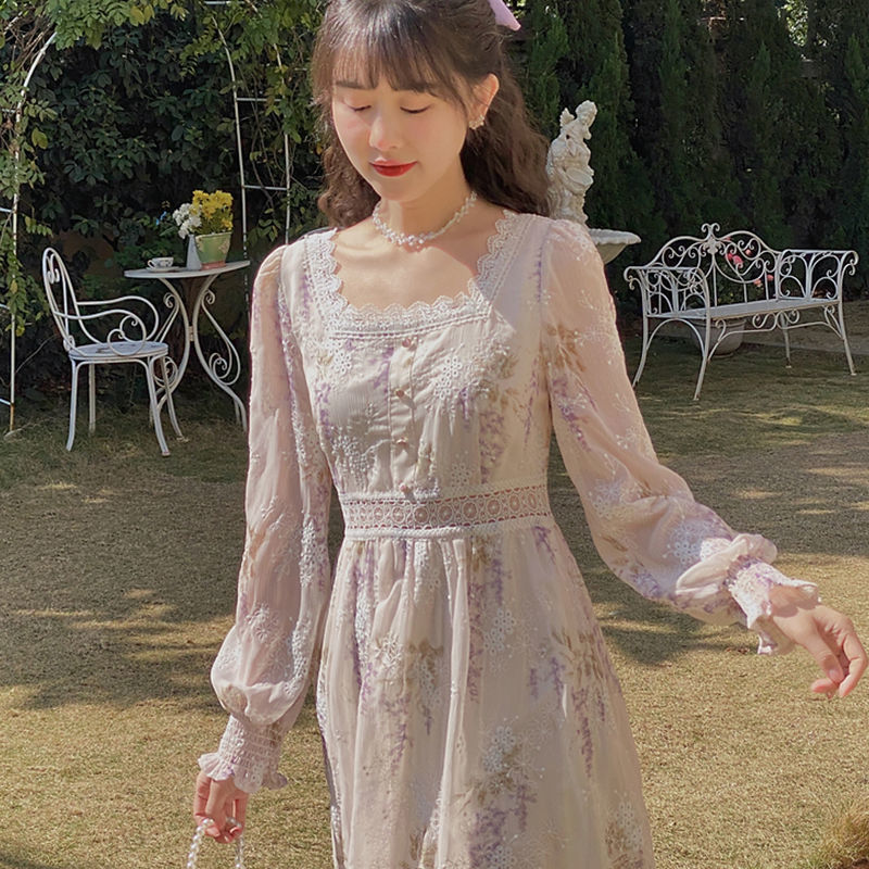 Billlnai  2023  Evening Party Floral Dresses Women Lantern Sleeve Midi Elegant Vintage Dress Female Sweet Summer One Piece Dress Korean