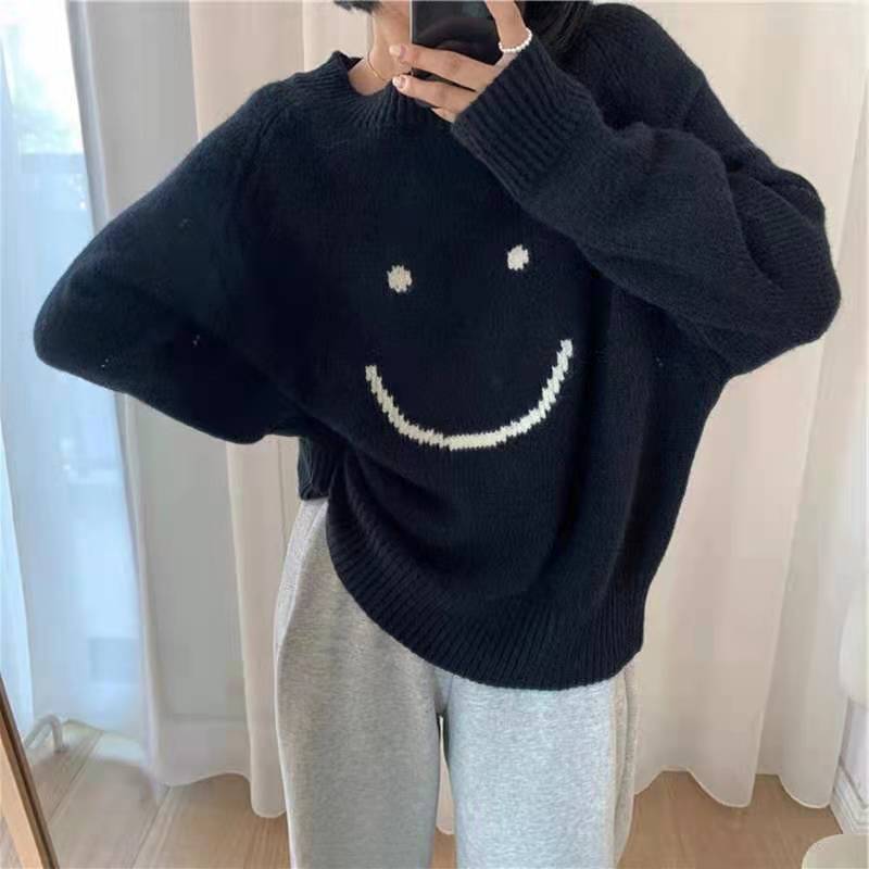 Graduation Gift  party  dress  Billlnai  2023  Smile Knitted Sweater Women Korean O-Neck Long Sleeve Autumn Jumpers Loose Casual Vintage Knitwear Pullovers Harajuku