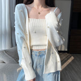 Billlnai  2023  New Autumn Pearls Embroidery Knit 2 Pcs Sets Korean Elegant V Neck Long Sleeve Cardigan and Tank Top Female Suits