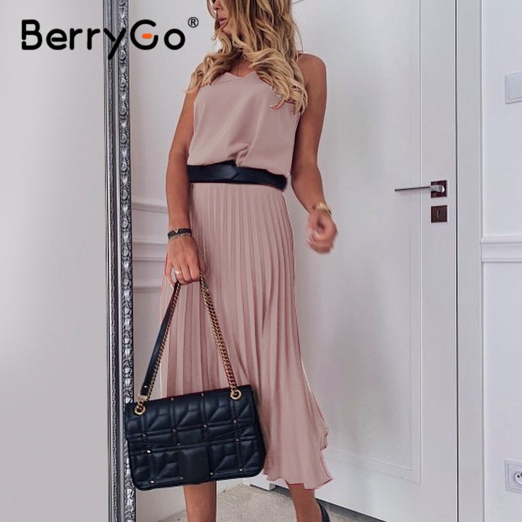 BerryGo Sexy spaghetti strap summer dress women A-line hot pink female pleated midi dress Casual office ladies party dresses new