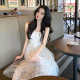 Billlnai 2023 Korean Style Sleeveless Vintage Midi Dresses Women Casual Floral Design Elegant Strap Dress Office Ladies Evening  Summer