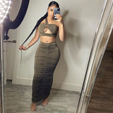 Christmas Gift Simenual Ruching Cropped Top And Long Skirt Two Piece Sets Bodycon Cut Out Night Club Partywear Co-ord Outfits Tight Women Suit