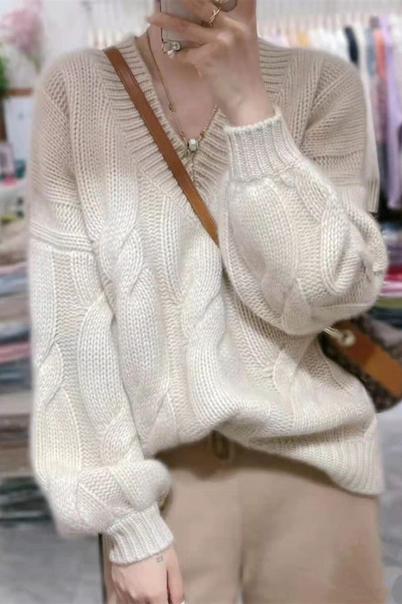 2023 soft and thick cashmere sweater women autumn and Winter Bubble Sleeve v neck loose lazy wind wool knitted sweater foundatio