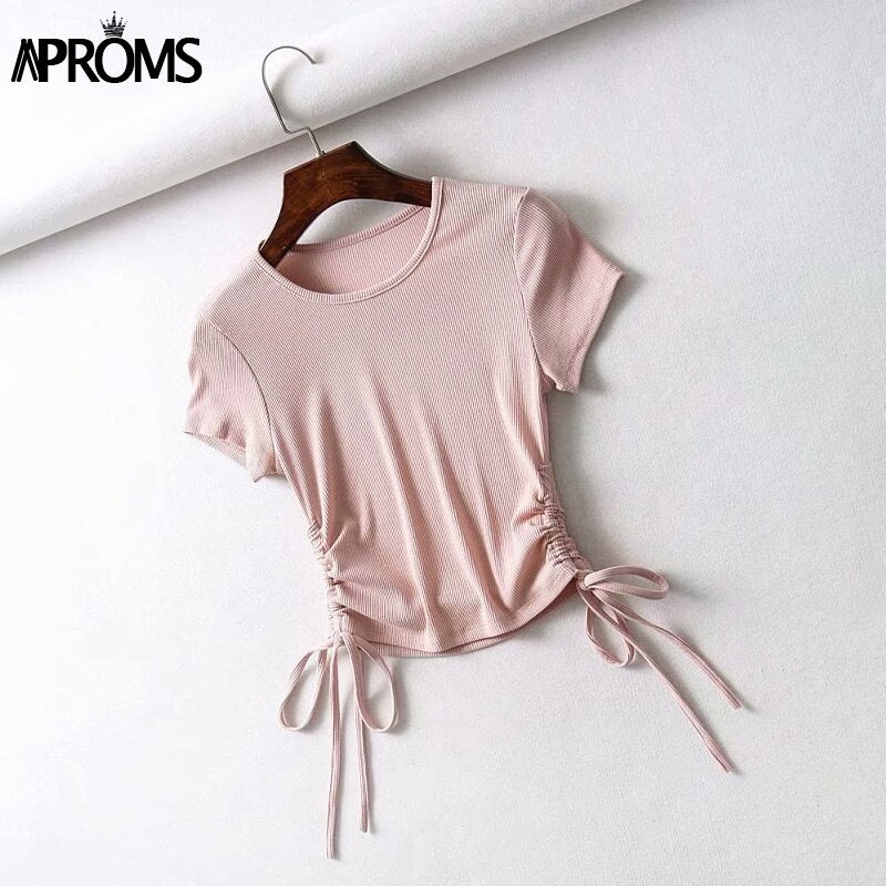 Aproms Sexy Side Drawstring Tie Up Ruched Tank Tops Women Solid Color Slim Crop Top Ladies Streetwear Ribbed Knitted Tees 2023