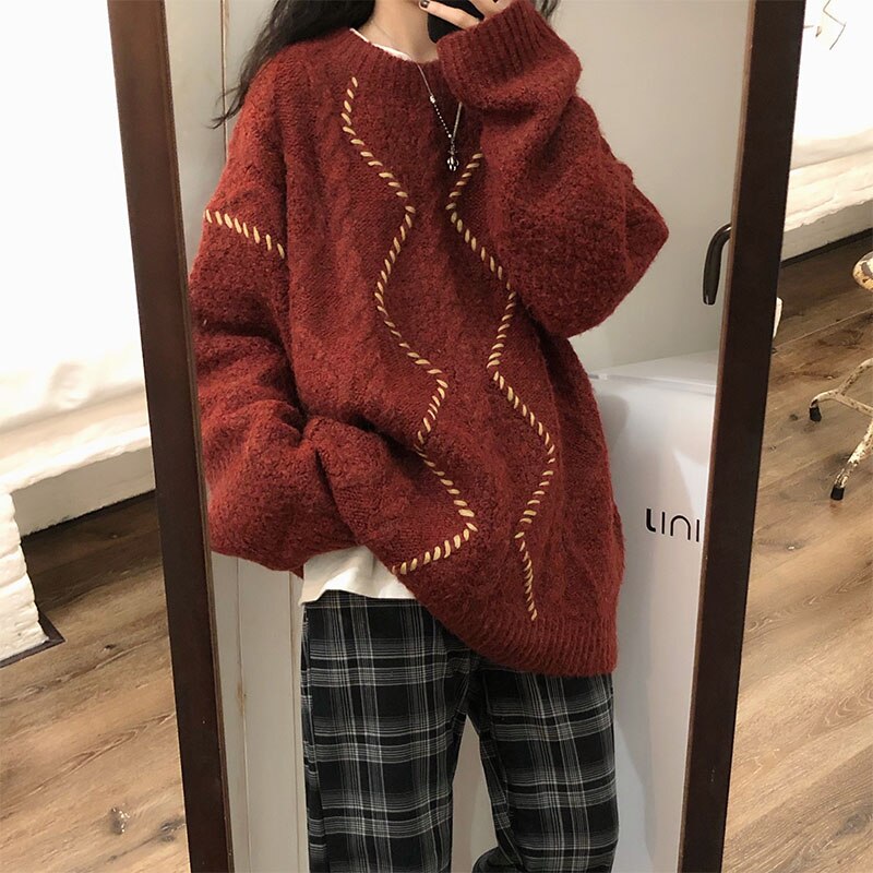Graduation Gifts  2023 autumn and winter new retro Christmas cherries wine red twist sweater women lazy wind thickened outer wear pullovers