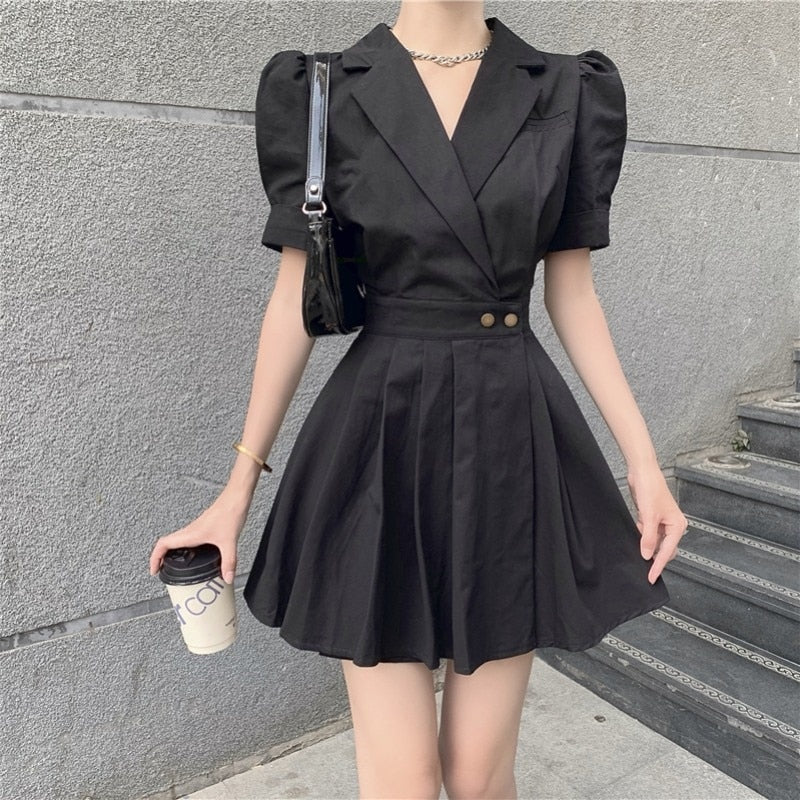 Billlnai  2023 Elegant Party Mini Dress Women Summer  Black Hepburn Office Style Dress Ladies Designer Casual Pleated Suits One-piece Dress