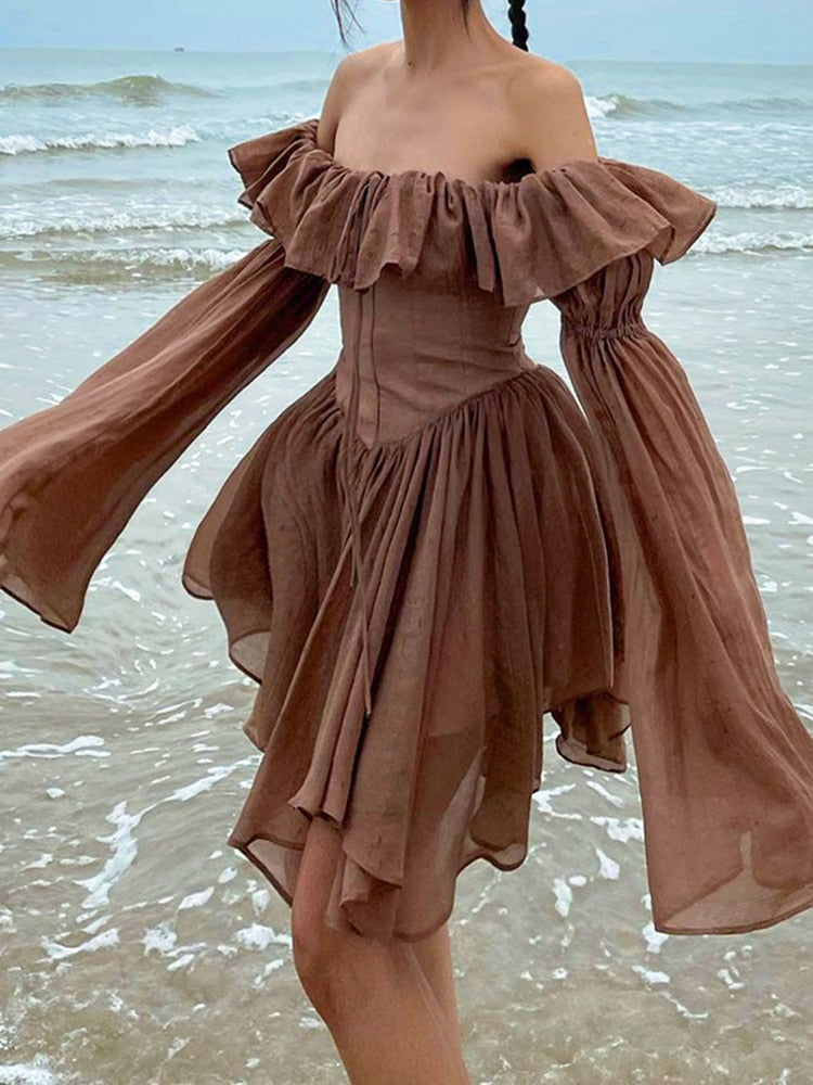 Thanksgiving Day Gifts Brown Pleated Dress Slash Neck Ruffles Retro Sundress Y2k Puff Long Sleeve Party Beach A-Line Dress Women Corset Chic