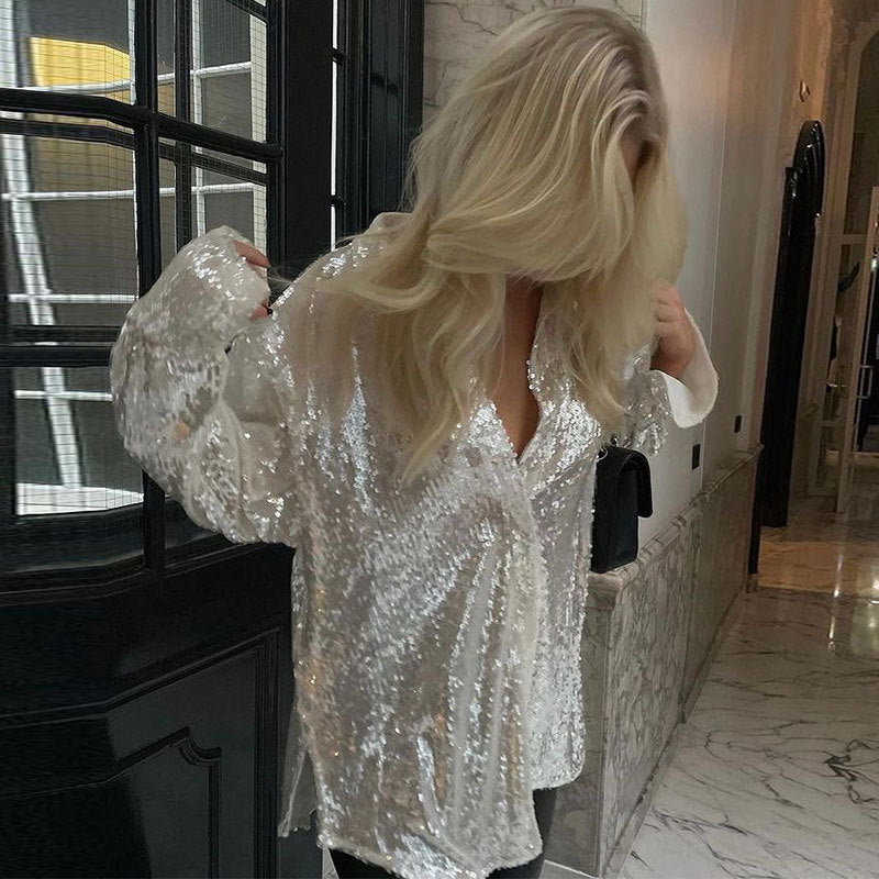 Billlnai 2023 Graduation party  Sequin Long Sleeve Top Women Shirts Blouses Club Party 2023 Spring New Fashion Streetwear Solid Loose Shiny Top Female Clothing