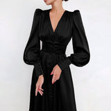 Billlnai  Graduation Party Puff Sleeve Vintage Satin Midi Dress Women V-Neck Party Pleated Dress Black Elegant Bodycon