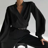 Billlnai 2023 Graduation party  Fashion Woman Blouses 2023 Loose Solid Color Casual Commute Long Sleeve Top V Neck All-match Vintage Black Shirt Female Clothing