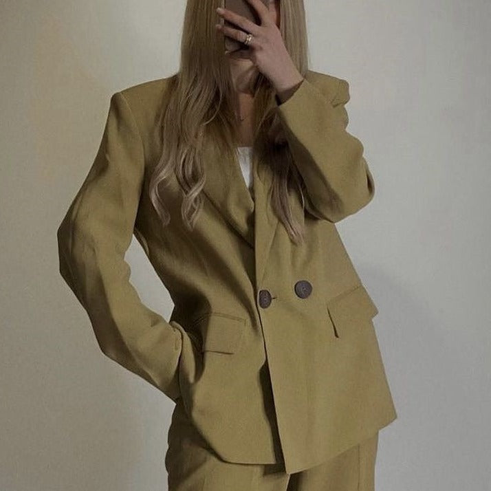 Billlnai Waxy Yellow Blazer Women Vintage Elegant Texture Jacket Double Breasted Business Casual Loose Suit Coat 2023 Spring New