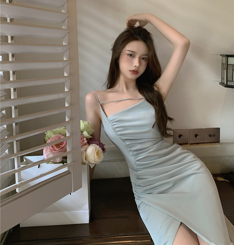 Billlnai  2023 Summer Elegant Strap Dress Women Casual Vintage Temperament Korean Sweet Sexy Split Dress Designer Slim Party Long Dress