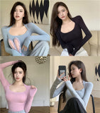 Billlnai 2023 Graduation party  Women's Shirt Slim Fit New Korean Chic Long Sleeve Square Collar Crop Tops Female Fake Two-piece White Bottoming T-shirt