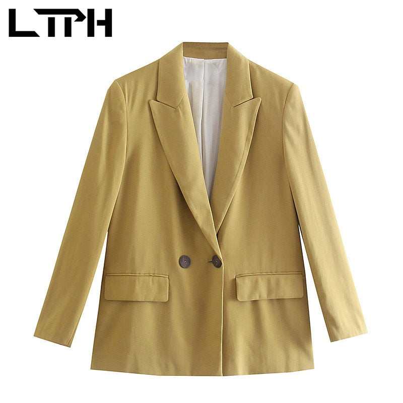 Billlnai Waxy Yellow Blazer Women Vintage Elegant Texture Jacket Double Breasted Business Casual Loose Suit Coat 2023 Spring New