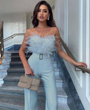 Billlnai  2023  Elegant Ladies Fashion Feather Tube Top Jumpsuit Party Wear Sexy Off The Shoulder Sleeveless Tops High Waist Long Pants Romper