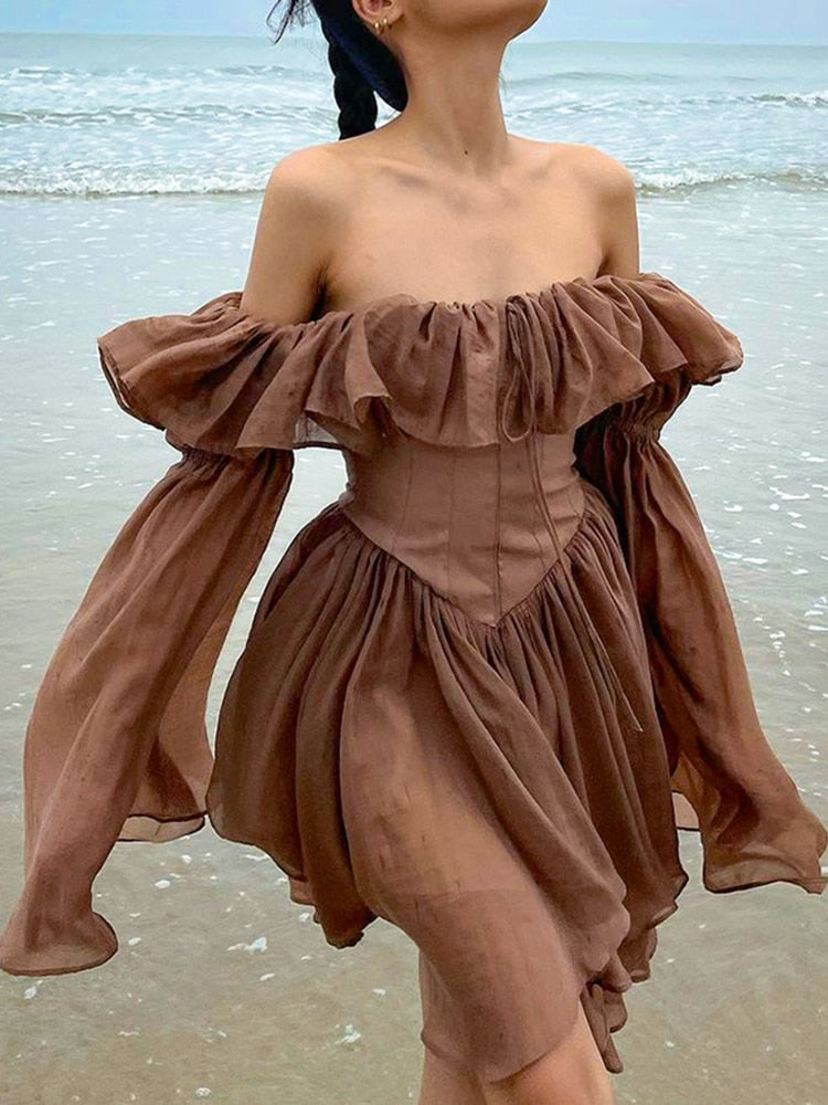 Thanksgiving Day Gifts Brown Pleated Dress Slash Neck Ruffles Retro Sundress Y2k Puff Long Sleeve Party Beach A-Line Dress Women Corset Chic