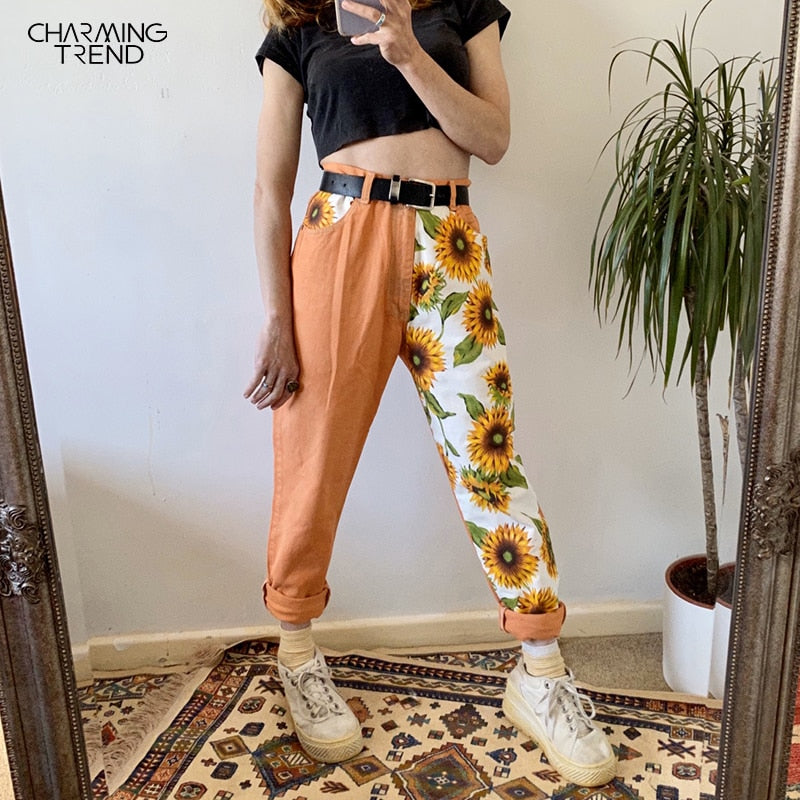 Jeans Woman Vintage High Waist Pants Fit Young Girls Cute Sunflower Stitching Pattern Autumn Winter Trousers Female Orange